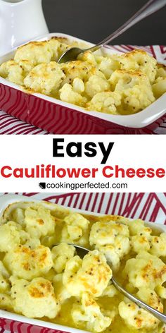 two pictures of cauliflower cheese in a red and white dish