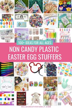 a collage of non candy plastic easter stuff