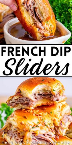 the french dip sliders are stacked on top of each other and ready to be eaten