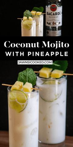 coconut mojito with pineapple and mint garnish in two tall glasses