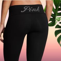 Pink Black Shine Cotton Foldover Flare Leggings Size Xxl Regular Length Smart Design Means You Can Wear The Waistband How You Want; A Flared Leg Adds A Cool Kick. Adjustable Foldover Waistband Lets You Pick The Rise: Low, Mid, Or High Smoothing Waistband Breathable 4-Way Stretch The Pink Logo On The Back Of The Waistband Is In Bling Script Logo. New Release Sold Out Online Nwt Cross Posted Foldover Leggings, Logo New, Pink Bling, Script Logo, Flare Leggings, Smart Design, Pink Logo, New Release, Logo Color