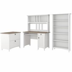 a white desk and bookcase with two drawers on each side, next to an open shelf