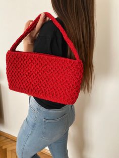 crochet red hand bag, summer red shoulder bag,  This red bag is very stylish with its model and pattern. It will add elegance to your clothes as a daily bag. You can easily use this summer handbag as a shoulder bag or as a handbag. You can buy this handmade knitted bag as a gift for your loved ones. Summer women's hand and shoulder bag. It is 100% handmade. The supla is knitted with yarn. It is lined and zippered. Content : 65% Cotton 35% Polyester Width: 32 cm Height: 16cm Depth: 4 cm Strap: 42 Red Hand Bag, Summer Handbag, Crochet Beach Bags, Red Shoulder Bag, Summer Handbags, Crochet Rope, Striped Bags, Daily Bag, Hippie Bags