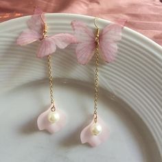 This Pair Of Gold Color Beautiful Butterfly Earrings Are A Lovely Addition To Your Wardrobe And Your Style! A Fun And Unique Wear! Cute Flower Drop Earrings For Party, Pink Dangle Flower Earrings For Party, Delicate Pink Flower Earrings For Party, Delicate Pink Party Earrings, Moth Accessories, Trendy Pink Butterfly Earrings, Handmade Pink Butterfly Earrings, Whimsical Pink Butterfly Jewelry, Pink Drop Earrings With Butterfly Charm