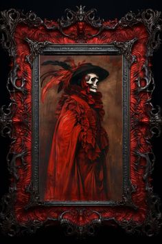 a painting of a skeleton wearing a red dress and black hat with feathers on it's head