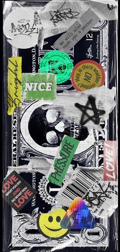 a collage of various stickers and other items on a piece of paper that has been altered to look like a dollar bill