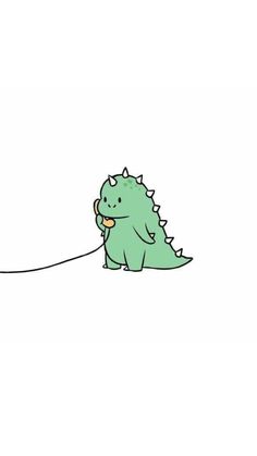 a drawing of a green dinosaur pulling a string