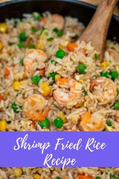 shrimp fried rice recipe in a skillet with wooden spoon and blue border overlay