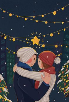 a couple hugging each other in front of christmas lights