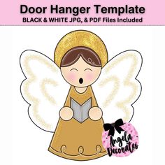 an angel reading a book with the words, door hanger template black and white