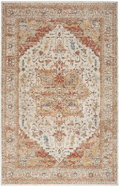 Nourison Sahar SHR06 Iv/Rust Area Rug  Cream / Ivory Nourison Rugs, Traditional Persian Rugs, Brown Mustard, Washable Area Rug, Medallion Rug, Medallion Design, 8x10 Rugs, 8x10 Area Rugs, Oushak Rugs