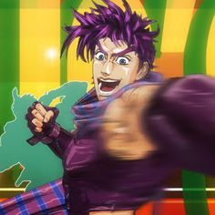 an anime character with purple hair pointing his finger at something in the air and smiling