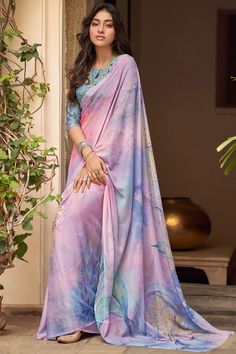 Buy Pink Color Ethnic Wear Crepe Fabric Saree With Print Work Online [1177049RKPF1175] Indian Sari Dress, Crepe Saree, Simple Sarees, Neck Deep, Casual Saree, Printed Saree, Chiffon Saree, Fancy Sarees, Traditional Sarees