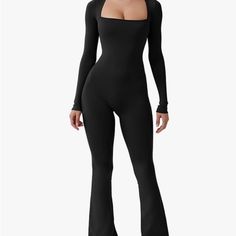 This Is A Long Sleeve Full-Length Flare Jumpsuit With A Square Neckline In The Front Makes You Look More Sexy And Also Makes You Feel More Comfortable And Warm In Fall & Winter. Full Length With Trousers That Gently Flare At The Knee, Complete With A Statement Square Neck That Ensures A Seductive Look From All Queens. It's Made With An Ultra-Flattering, Smooth, High-Stretch, Sweat-Wicking Fabric With A Cottony Soft Feel. This Wide Leg Jumpsuit Outfits Great For Summer Party, Workout, Vacation, W Body Suit With Flare Pants, Elegant Black High Stretch Jumpsuits And Rompers, Black High Stretch Full Length Jumpsuits And Rompers, High Stretch Black Full-length Jumpsuits And Rompers, Black High Stretch Jumpsuits And Rompers For Loungewear, High Stretch Black Jumpsuits For Loungewear, Black Fitted Jumpsuits And Rompers, Black Fitted One-piece Jumpsuits And Rompers, Black Fitted One-piece Jumpsuit