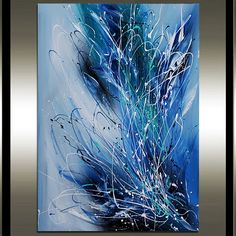 an abstract painting with blue and white colors on a metal frame, hanging on a wall