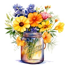 a painting of flowers in a mason jar