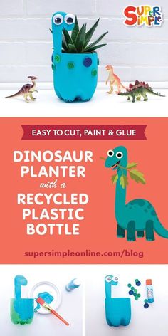 the instructions for how to make an easy dinosaur planter with recycled plastic bottles and glue