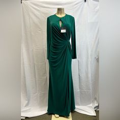 New With Tags. To Prevent Any Illegal Returns There Is A Line Through The Designer Name Green Ruched Evening Dress For Formal Occasions, Green Ruched Evening Gown, Elegant Green Ruched Gown, Elegant Green Gown With Ruched Detail, Designer Name, Mac Duggal, Long Sleeve Jersey, A Line, Mac