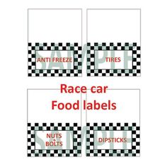 four race car food labels are shown in red, black and white checkerboard