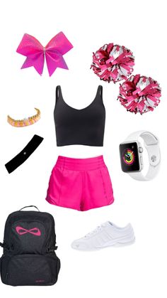 the contents of a woman's sports bra top, pink shorts and white sneakers