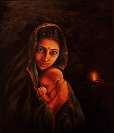 a painting of a woman holding a baby in her arms with a lit candle behind her