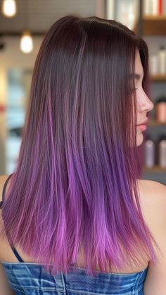 Under Hair Dye Purple, Color Tips Hair, Colored Ends Of Hair, Starry Hairstyles, Purple Tips Hair, Story Brainstorming, Hair Color Ideas Trendy, Beautiful Hair Color Ideas, Ombre Hair Color For Brunettes