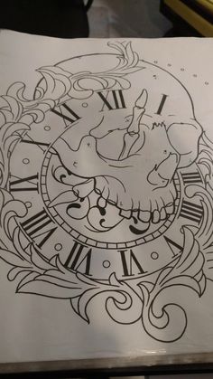 a drawing of a clock with roman numerals on it