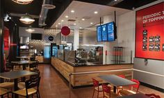 the inside of a restaurant with tables, chairs and menus hanging from the ceiling