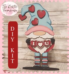 Valentine's I Love You Standing Gnome Shelf Sitter DIY - RusticFarmhouseDecor Valentines Day Wood Crafts, Cricut Valentine, Valentine Wood Crafts, Gnome Paint, Valentine Craft, Rustic Valentine, Valentine Gnome, Diy Valentines Decorations, Valentines Decorations