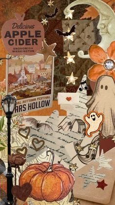 an altered collage with pumpkins, paper and other things on it's surface