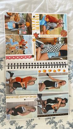 an open page in a scrapbook with pictures of women