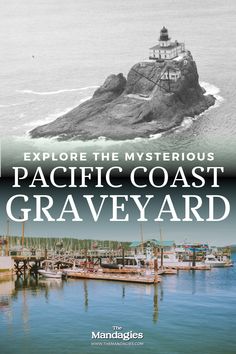 a book cover with the title explore the mysterious pacific coast graveyard and an island in the background