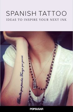 a woman with a tattoo on her arm and the caption reads, spanish tattoo ideas to inspire your next ink