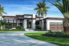 this is an artist's rendering of a modern house with palm trees in the front yard