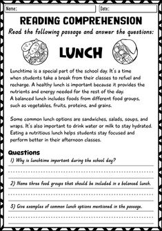 the reading worksheet for lunch is shown in this black and white photo, which includes