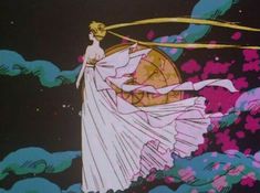 a woman in a white dress is flying through the air with her hair blowing back