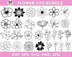 the flower svg bundle is shown in black and white, with flowers drawn on it