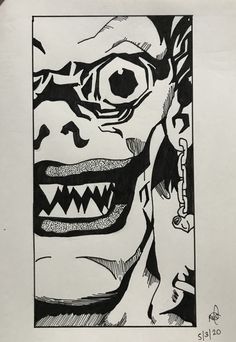 a black and white drawing of a creepy clown with teeth on it's face