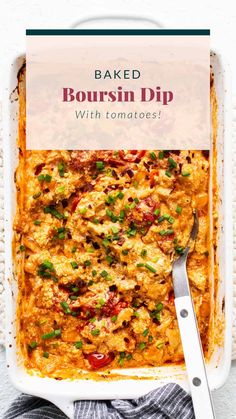 baked borsin dip with tomatoes in a white casserole dish