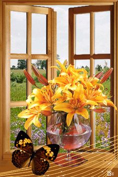 a vase filled with yellow flowers sitting on top of a window sill next to a butterfly