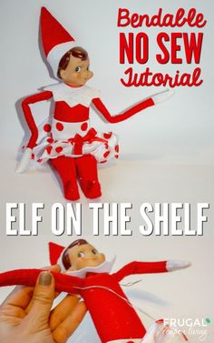 an elf is sewing on the side of a stuffed doll with text reading, bendable no sew tutorial elf on the shelf