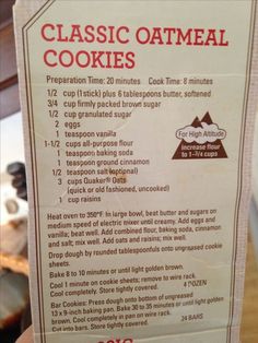 a close up of a sign with instructions on how to make oatmeal cookies