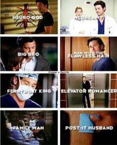 the cast of grey's anatomy is shown in this collage with captions