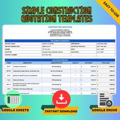 a simple construction invoicer template for google sheets and other documents, with the title