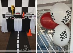 balloons and table decorations at a race themed birthday party with black and white checkerboard