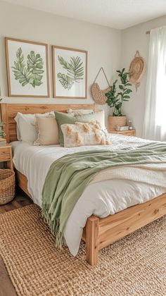 a large bed sitting in a bedroom next to a window