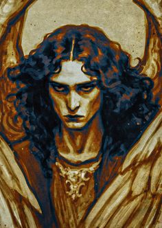 an angel with long hair and horns on his head is depicted in this artistic painting