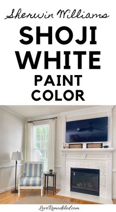 a living room with white paint and black text that reads, sherylin williams's shop white paint color