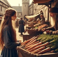 a woman standing in front of a table filled with carrots and other vegetables next to an old man