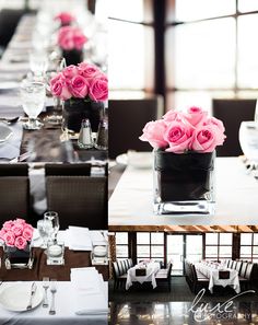 the table is set with pink roses in a square vase and place settings for dinner